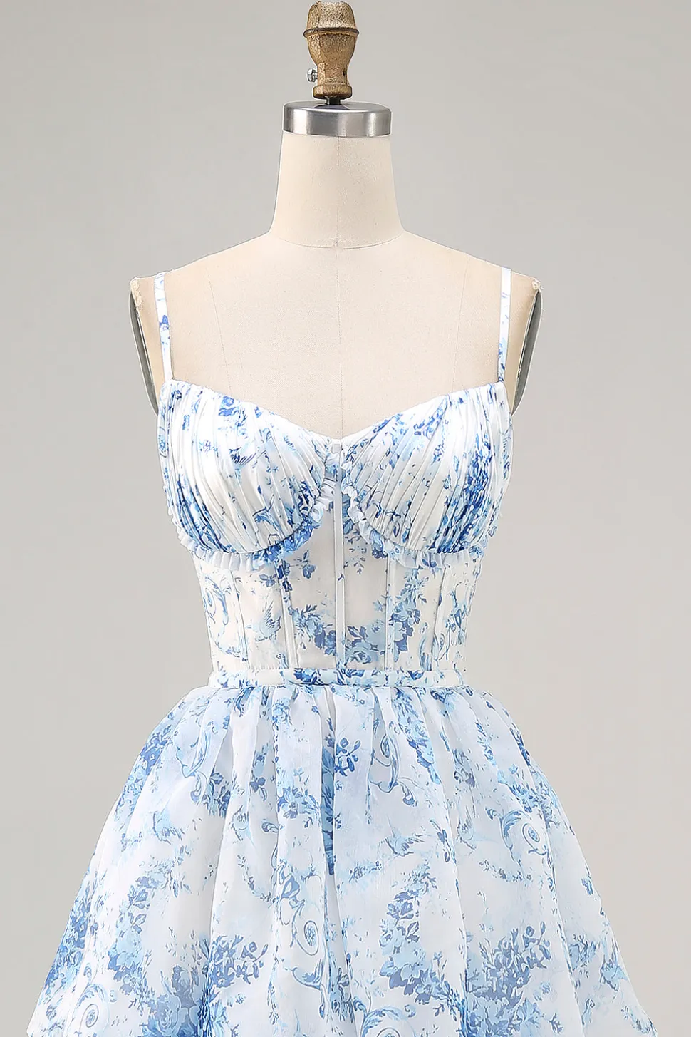 Flor azul branca Uma linha impressa vestido de dama de honra em camadas com fenda