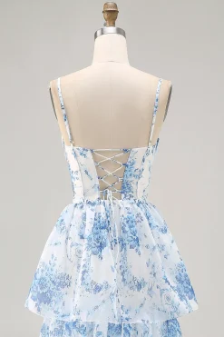 Flor azul branca Uma linha impressa vestido de dama de honra em camadas com fenda