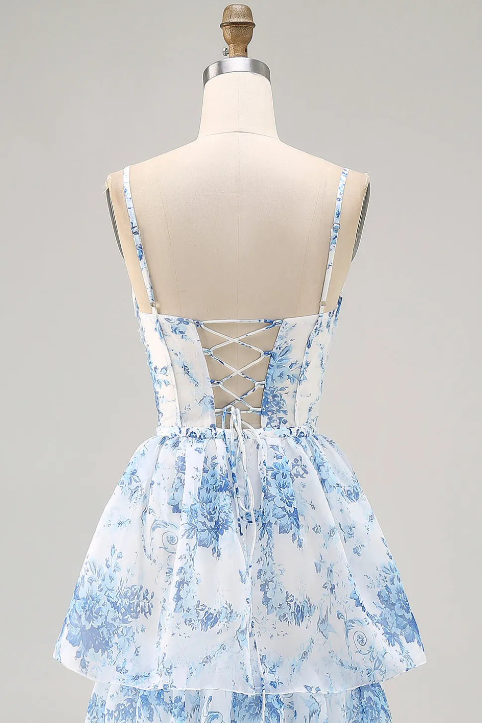 Flor azul branca Uma linha impressa vestido de dama de honra em camadas com fenda