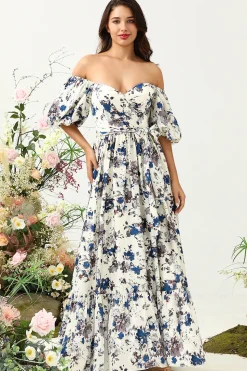 Flor Azul Branco Boho Vestido de Dama de Honor