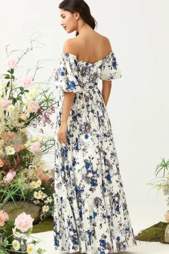 Flor Azul Branco Boho Vestido de Dama de Honor