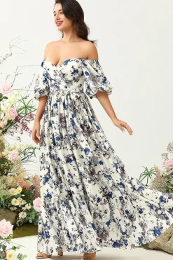 Flor Azul Branco Boho Vestido de Dama de Honor