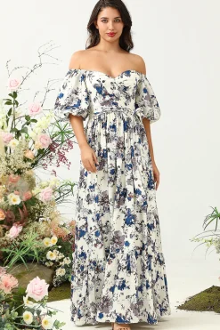 Flor Azul Branco Boho Vestido de Dama de Honor