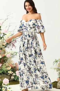 Flor Azul Branco Boho Vestido de Dama de Honor