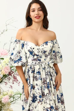 Flor Azul Branco Boho Vestido de Dama de Honor