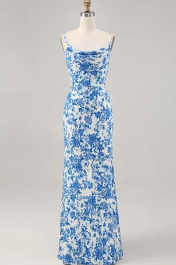 Flor azul capuz pescoço sereia longo vestido de noiva convidado