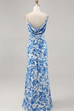 Flor azul capuz pescoço sereia longo vestido de noiva convidado