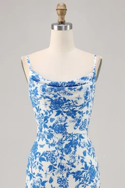 Flor azul capuz pescoço sereia longo vestido de noiva convidado