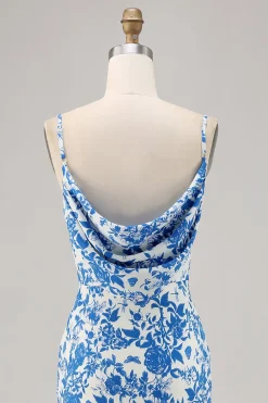 Flor azul capuz pescoço sereia longo vestido de noiva convidado