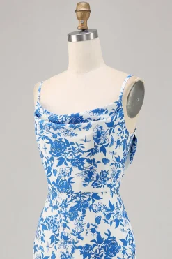 Flor azul capuz pescoço sereia longo vestido de noiva convidado