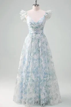 Flor azul clara estampada A-Line Cap mangas longo vestido de baile