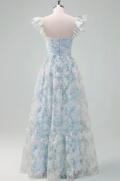 Flor azul clara estampada A-Line Cap mangas longo vestido de baile