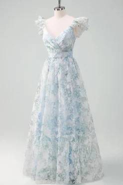 Flor azul clara estampada A-Line Cap mangas longo vestido de baile