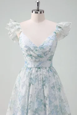 Flor azul clara estampada A-Line Cap mangas longo vestido de baile