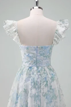 Flor azul clara estampada A-Line Cap mangas longo vestido de baile