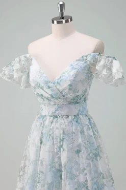 Flor azul clara estampada A-Line Cap mangas longo vestido de baile