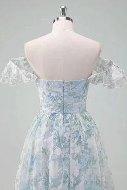 Flor azul clara estampada A-Line Cap mangas longo vestido de baile