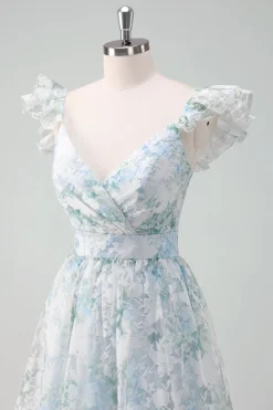 Flor azul clara estampada A-Line Cap mangas longo vestido de baile