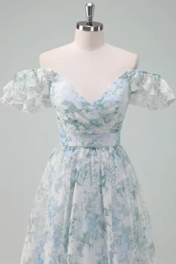 Flor azul clara estampada A-Line Cap mangas longo vestido de baile