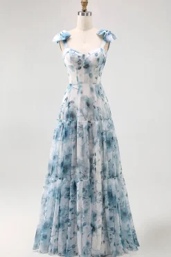 Flor azul estampada uma linha longo vestido de dama de honra com renda-up de volta