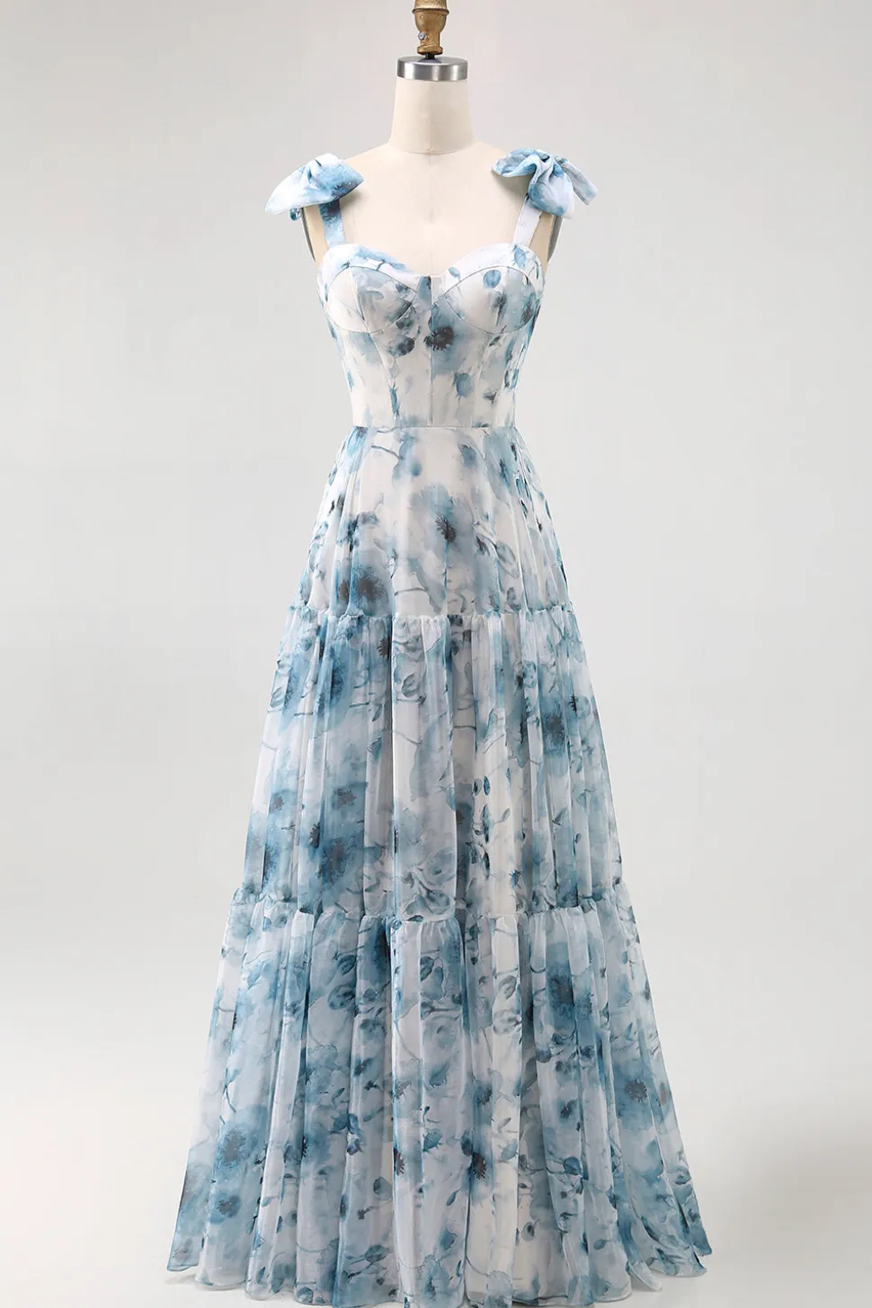 Flor azul estampada uma linha longo vestido de dama de honra com renda-up de volta