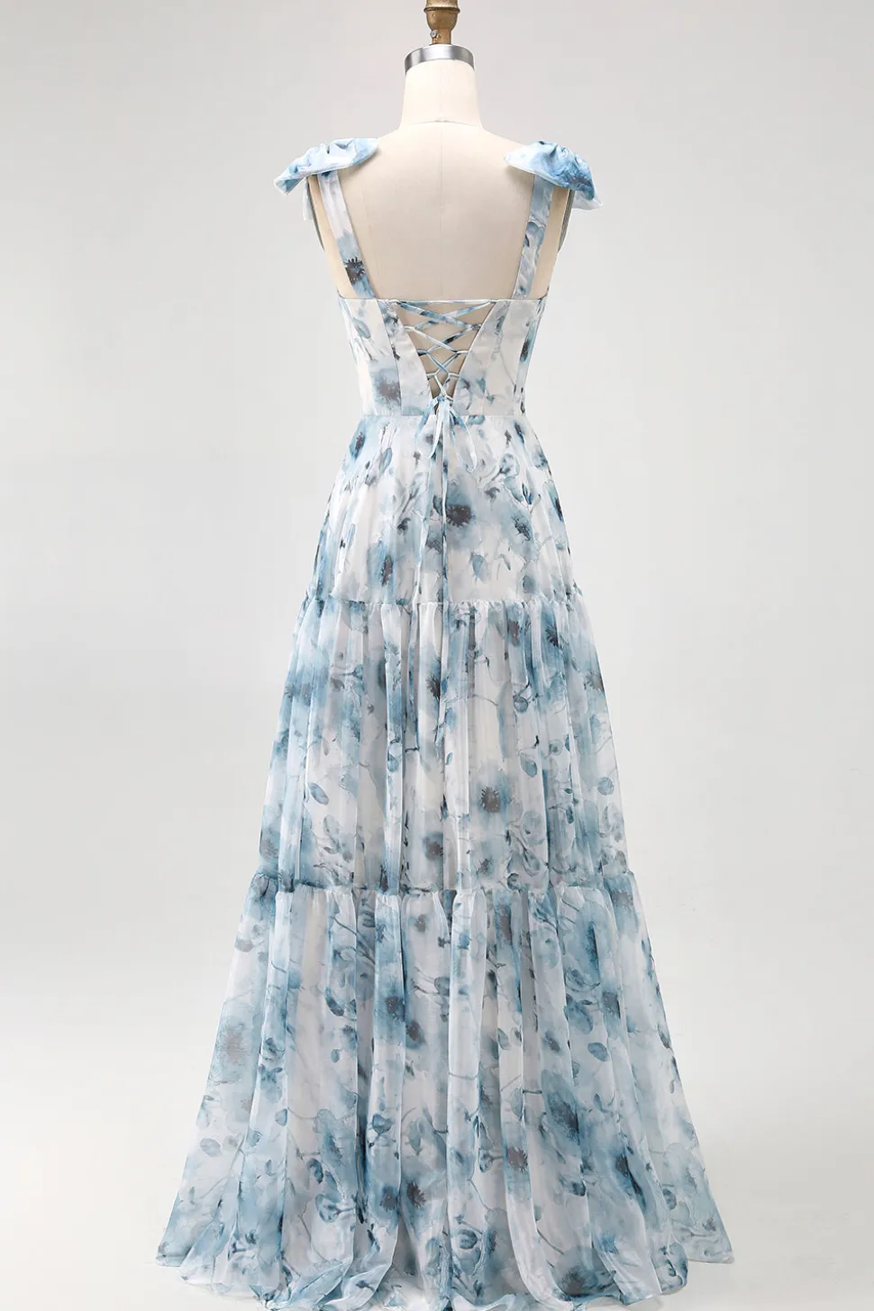 Flor azul estampada uma linha longo vestido de dama de honra com renda-up de volta