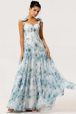 Flor azul estampada uma linha longo vestido de dama de honra com renda-up de volta
