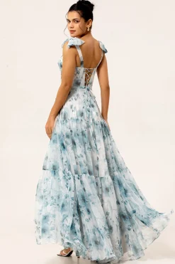 Flor azul estampada uma linha longo vestido de dama de honra com renda-up de volta
