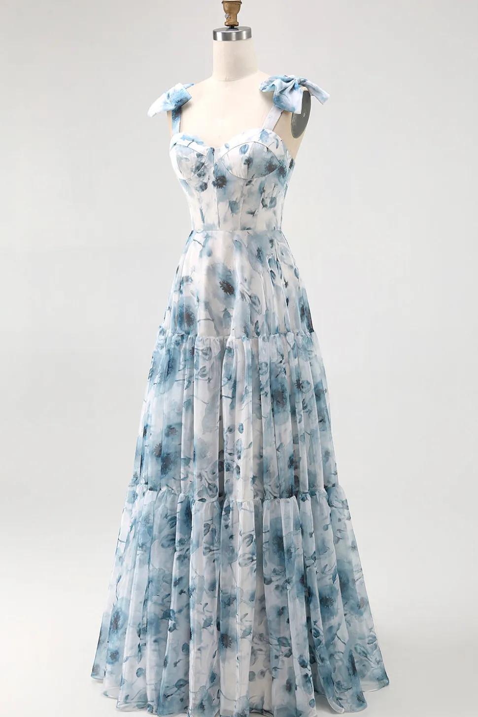 Flor azul estampada uma linha longo vestido de dama de honra com renda-up de volta