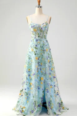 Flor Azul Uma Linha Esparguete Correias Espartilho Bordado Vestido de Baile com Fenda