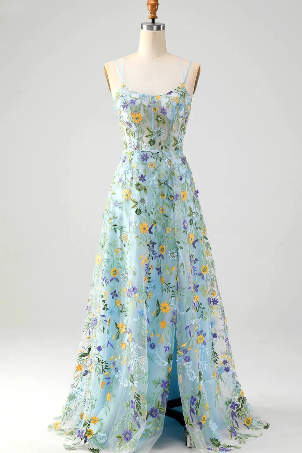 Flor Azul Uma Linha Esparguete Correias Espartilho Bordado Vestido de Baile com Fenda