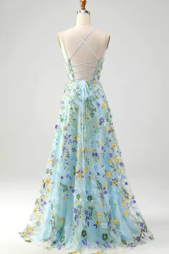 Flor Azul Uma Linha Esparguete Correias Espartilho Bordado Vestido de Baile com Fenda