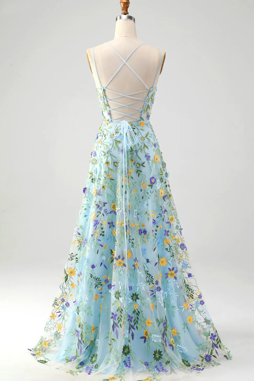 Flor Azul Uma Linha Esparguete Correias Espartilho Bordado Vestido de Baile com Fenda