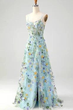 Flor Azul Uma Linha Esparguete Correias Espartilho Bordado Vestido de Baile com Fenda