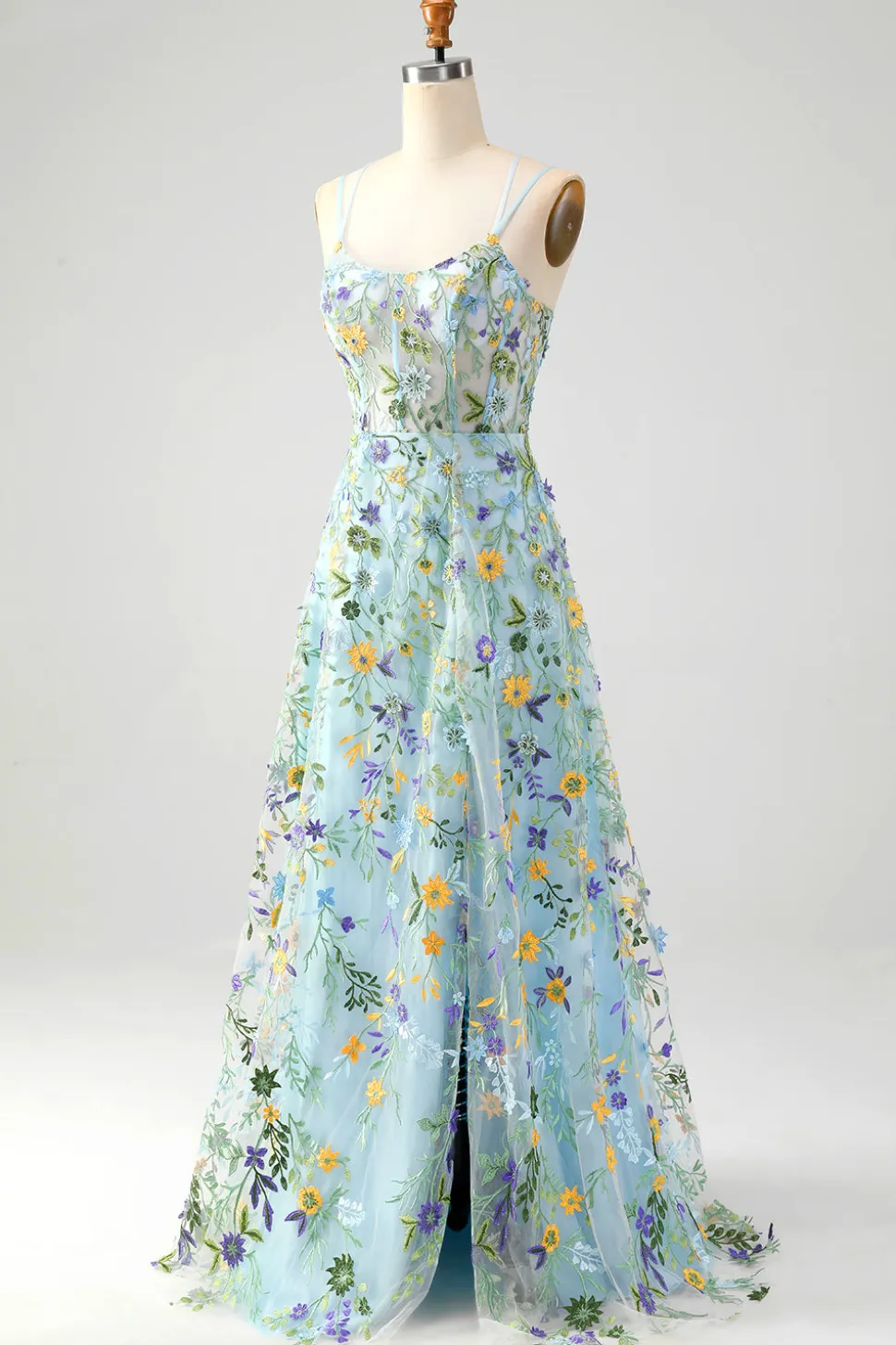 Flor Azul Uma Linha Esparguete Correias Espartilho Bordado Vestido de Baile com Fenda