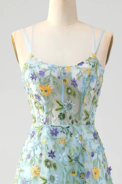 Flor Azul Uma Linha Esparguete Correias Espartilho Bordado Vestido de Baile com Fenda