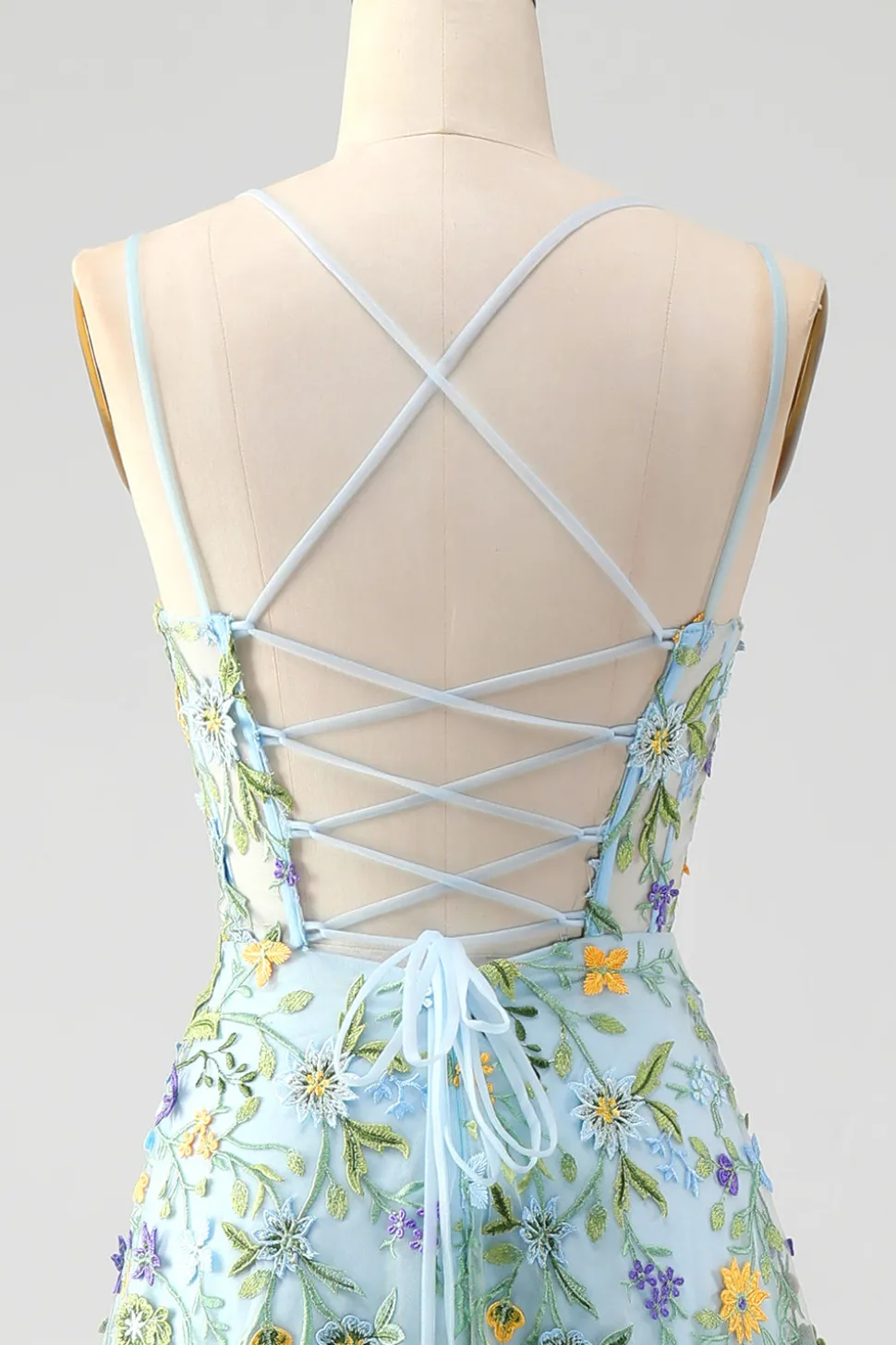 Flor Azul Uma Linha Esparguete Correias Espartilho Bordado Vestido de Baile com Fenda