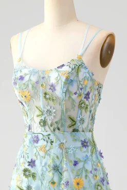 Flor Azul Uma Linha Esparguete Correias Espartilho Bordado Vestido de Baile com Fenda