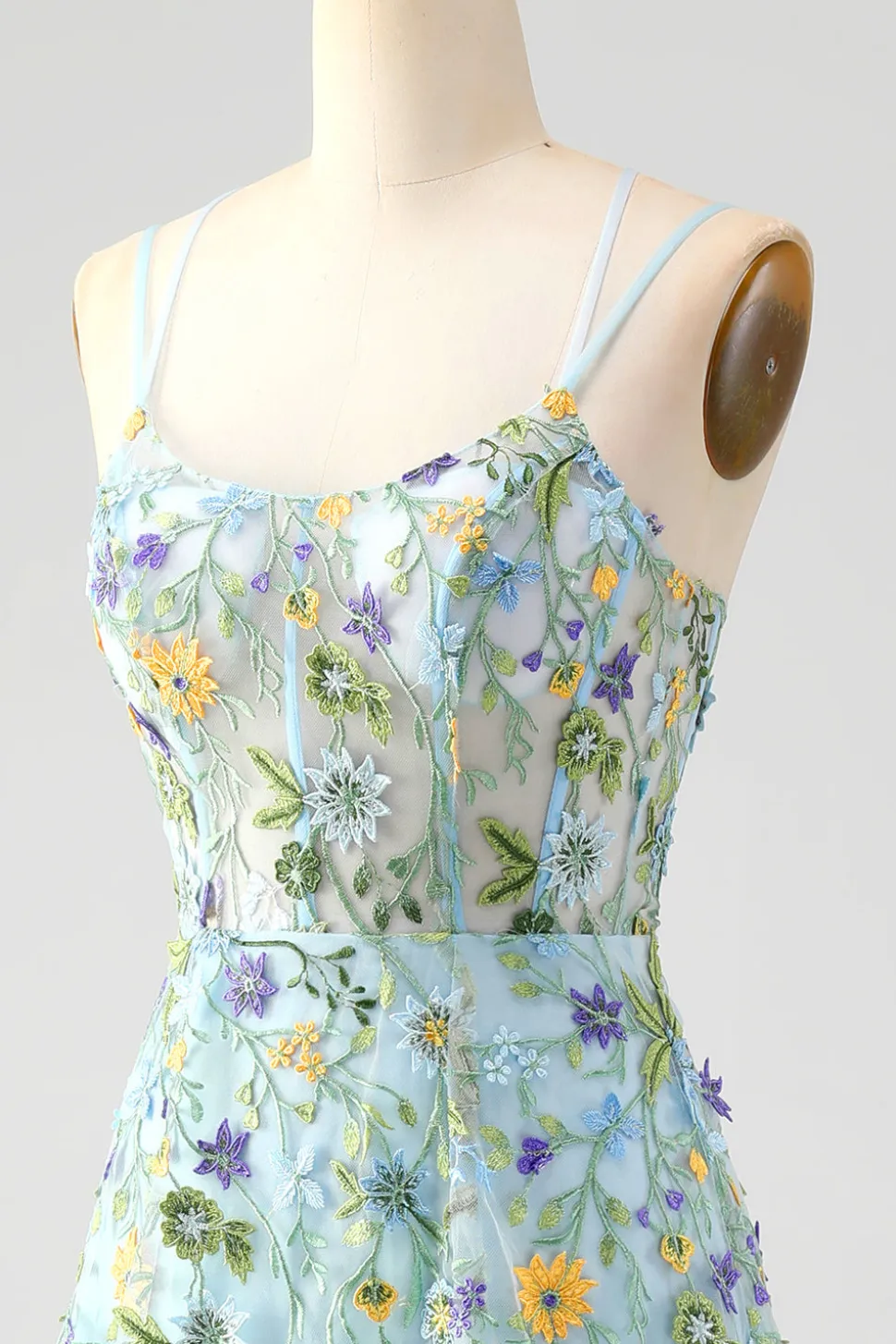 Flor Azul Uma Linha Esparguete Correias Espartilho Bordado Vestido de Baile com Fenda