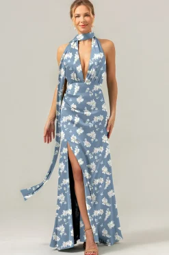 Flor Branca Azul Deep V Neck Streamer Backless Long Bridesmaid Dress com Fenda