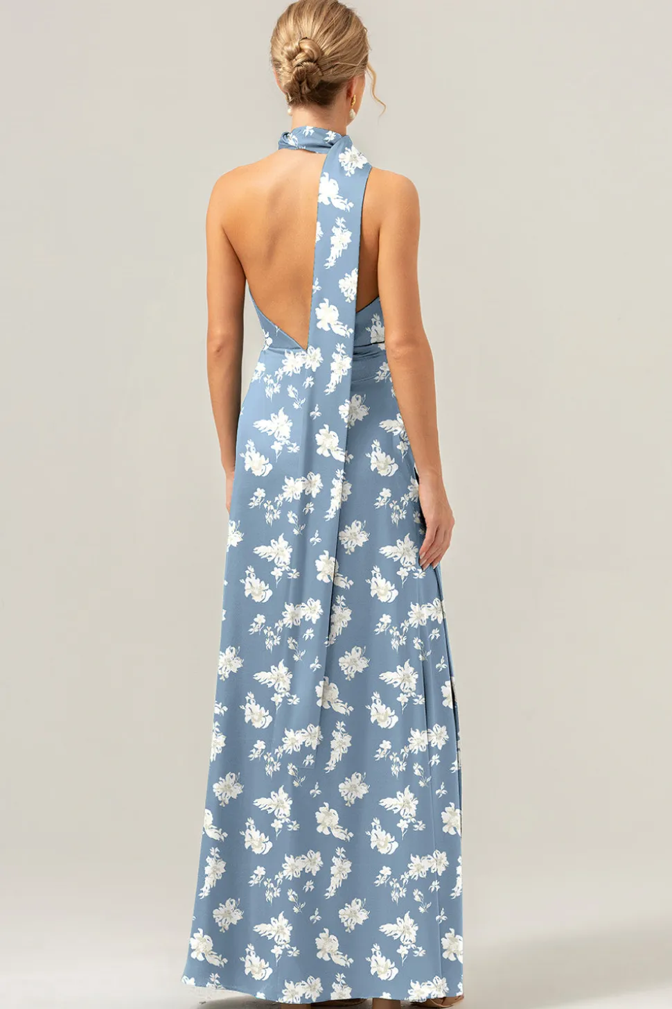 Flor Branca Azul Deep V Neck Streamer Backless Long Bridesmaid Dress com Fenda
