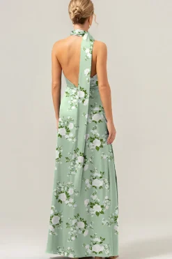 Flor Branca Azul Deep V Neck Streamer Backless Long Bridesmaid Dress com Fenda
