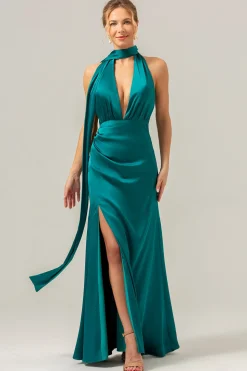 Flor Branca Azul Deep V Neck Streamer Backless Long Bridesmaid Dress com Fenda
