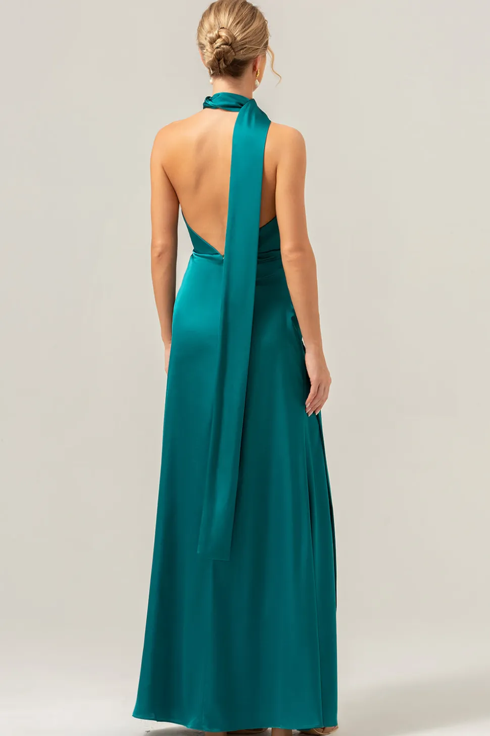 Flor Branca Azul Deep V Neck Streamer Backless Long Bridesmaid Dress com Fenda