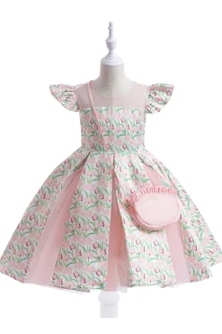 Flor cor-de-rosa estampada vestido da menina da flor