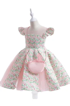 Flor cor-de-rosa estampada vestido da menina da flor