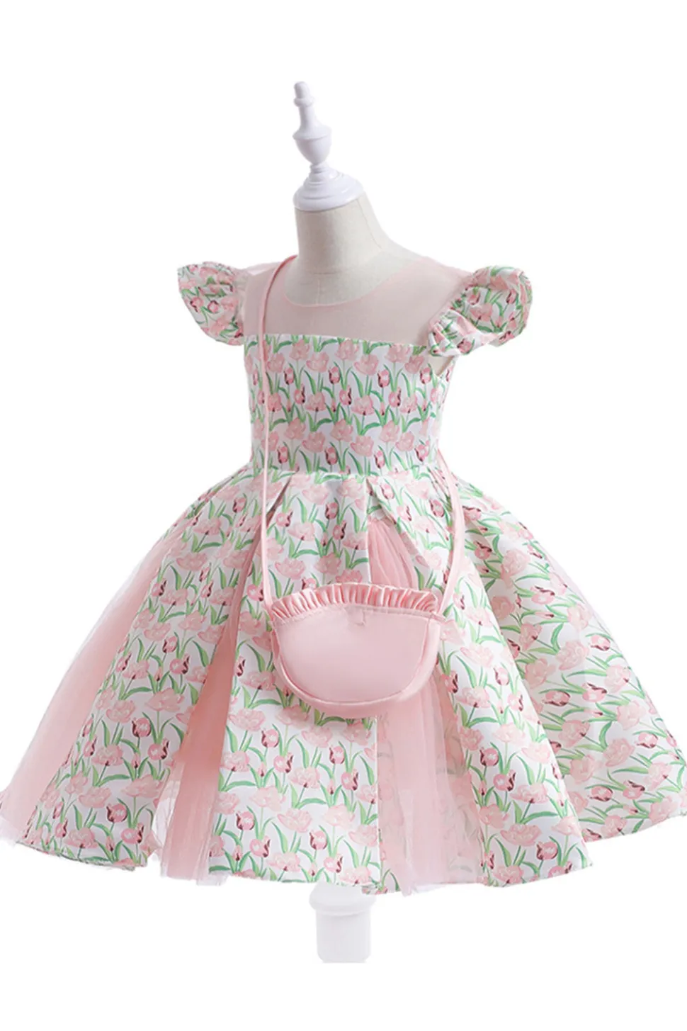 Flor cor-de-rosa estampada vestido da menina da flor