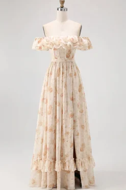 Flor de champanhe fora do ombro espartilho A-Line vestido de dama de honra com fenda