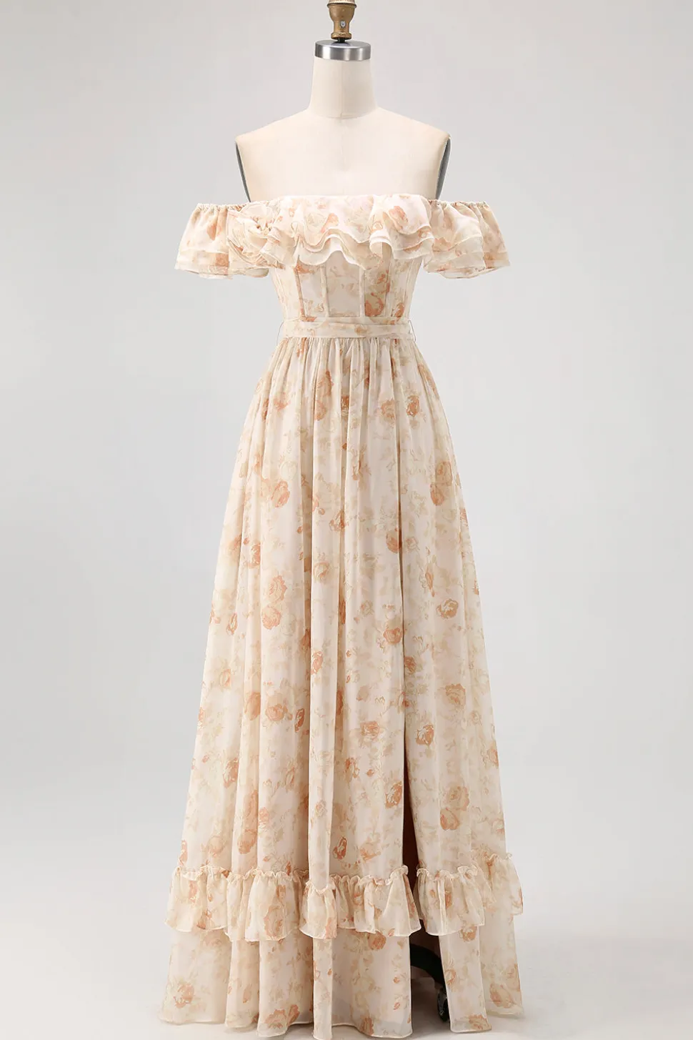 Flor de champanhe fora do ombro espartilho A-Line vestido de dama de honra com fenda