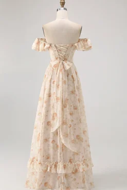 Flor de champanhe fora do ombro espartilho A-Line vestido de dama de honra com fenda